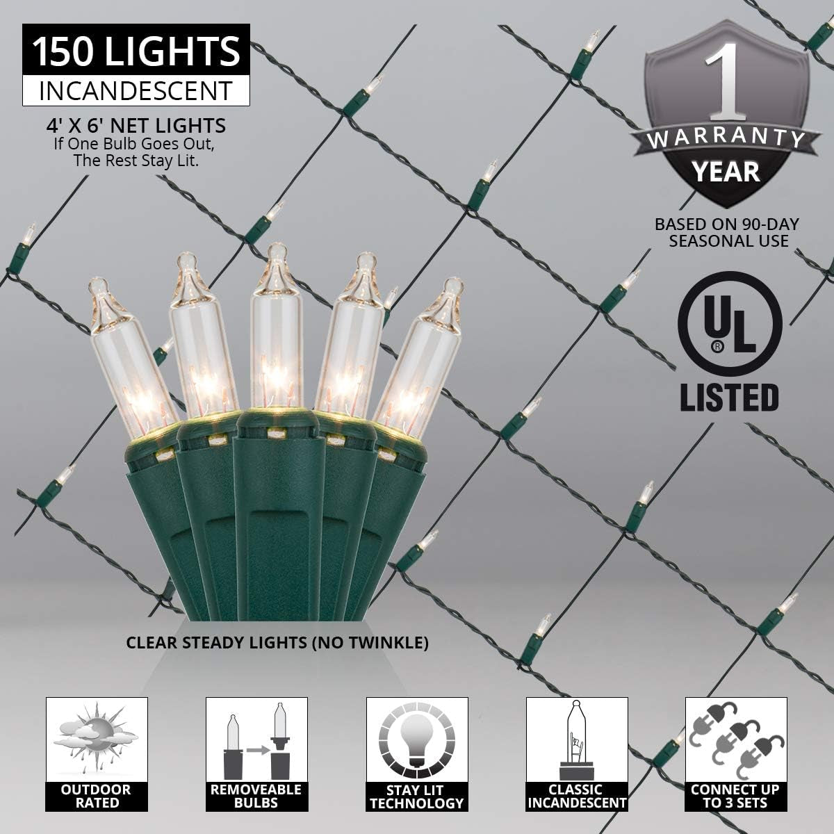 Clear Net Lights on Green Wire (4’X 6’ Net, 150 Lights, Clear)